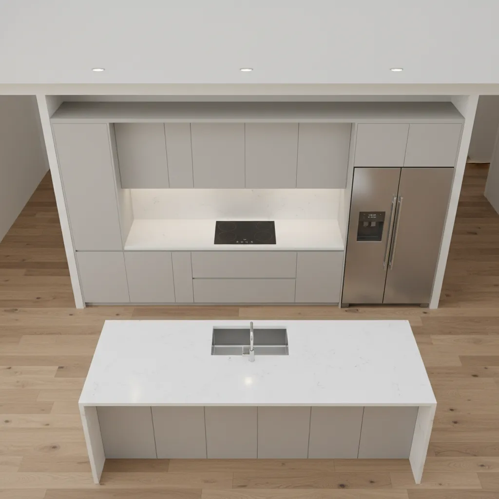 Kitchen layout with island showing workflow between sink stove and refrigerator