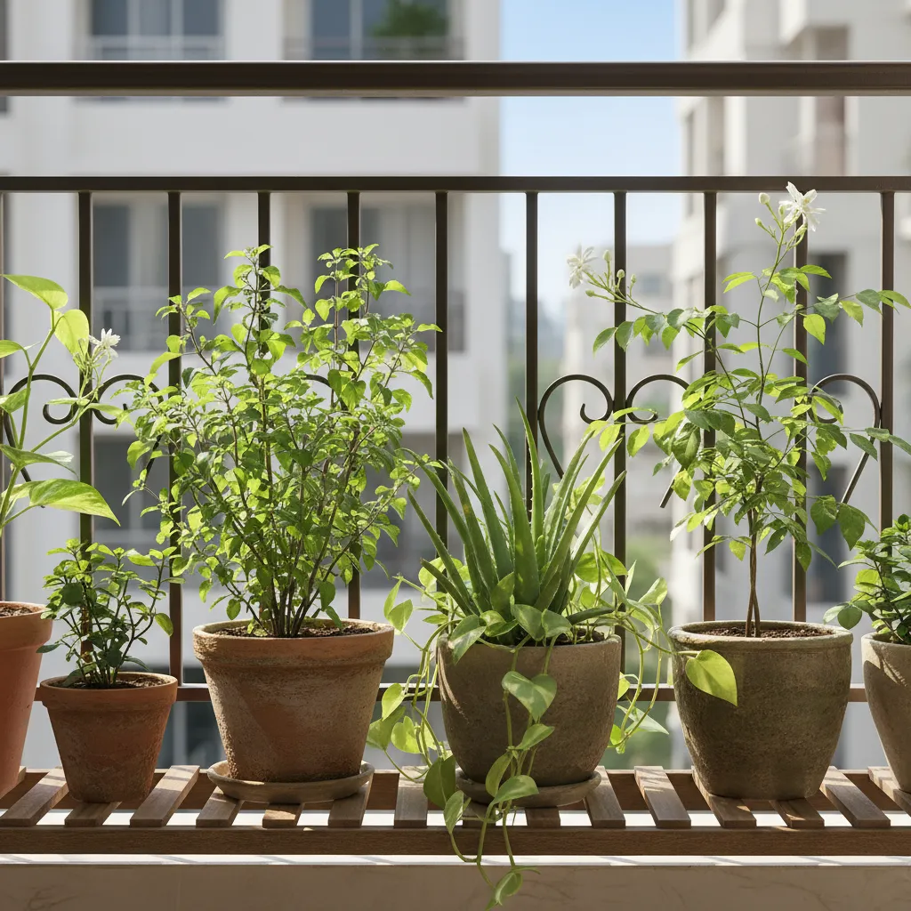 Collection of popular Indian balcony plants including tulsi aloe vera money plant and jasmine