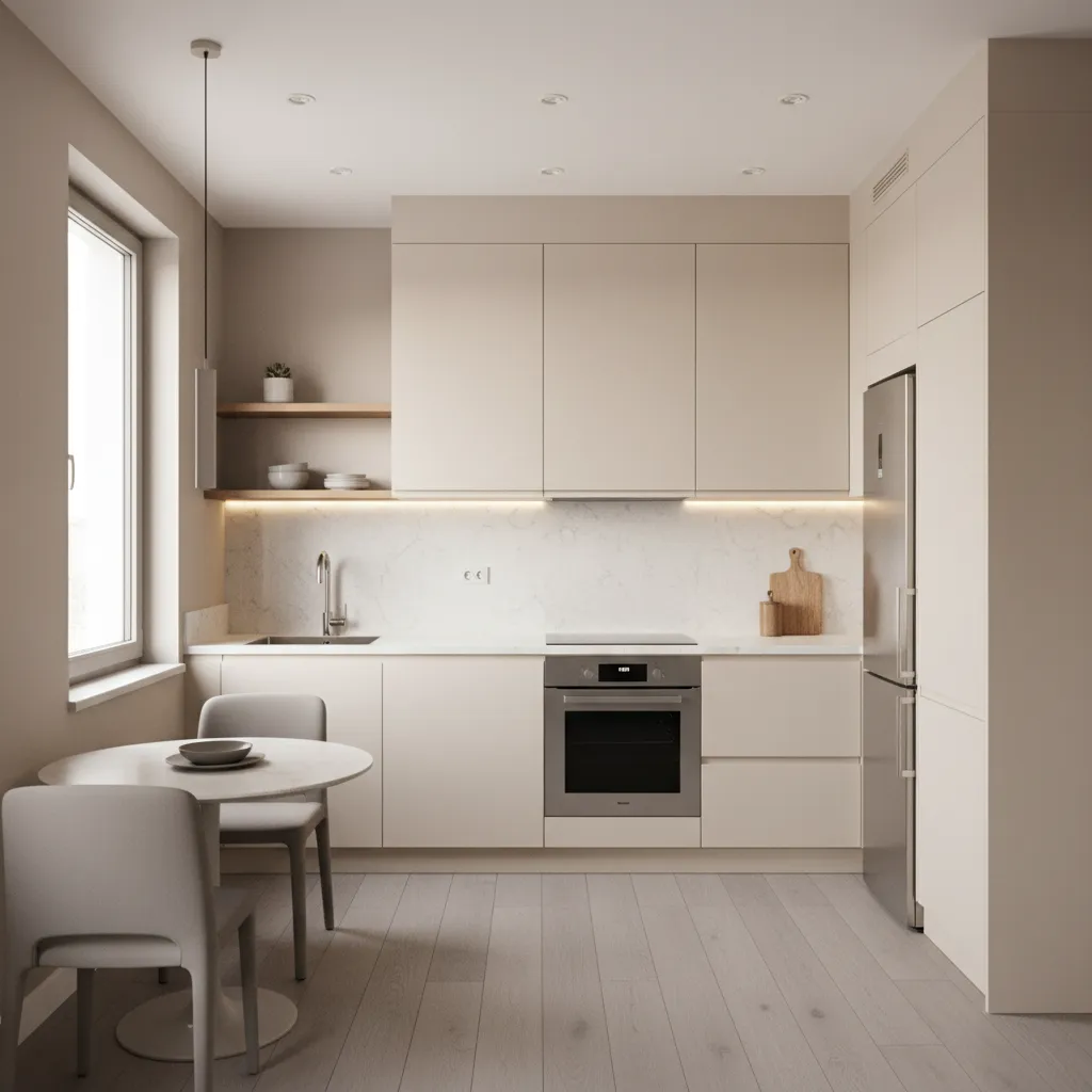Modern beige kitchen interior design drawing with sleek cabinets marble backsplash small table and chairs