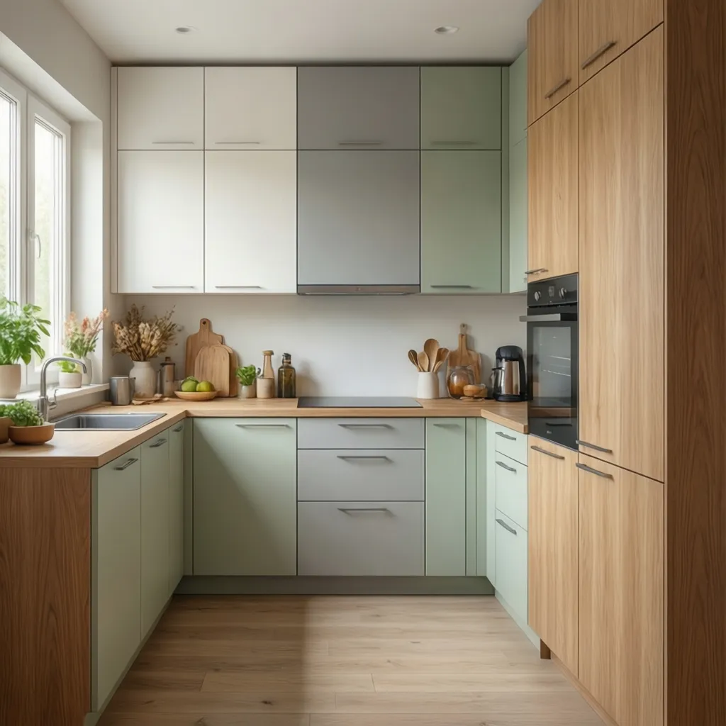 Small kitchen showing white greige sage and light wood cabinets