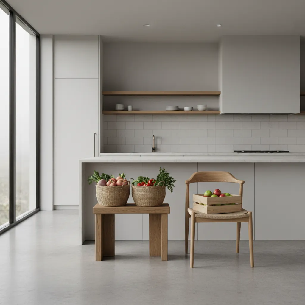 Minimalist white kitchen with wooden chair and bench holding baskets of fresh vegetables and apples