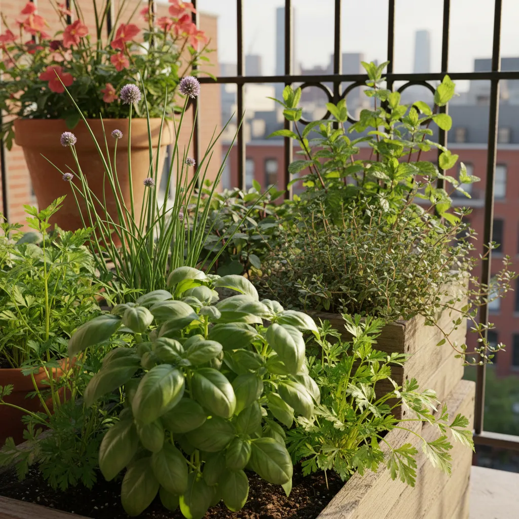 Several herbs growing in balcony containers including basil parsley and mint