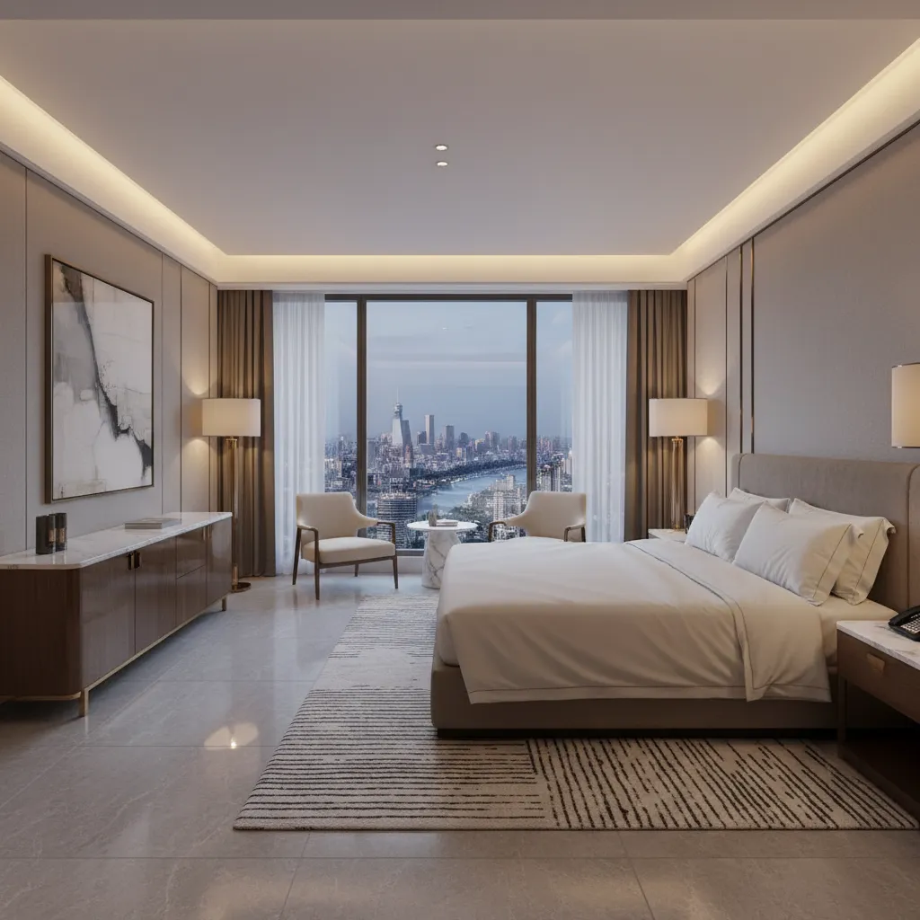 Luxury hotel bedroom with city view windows, large bed, wooden cabinet, and two small armchairs