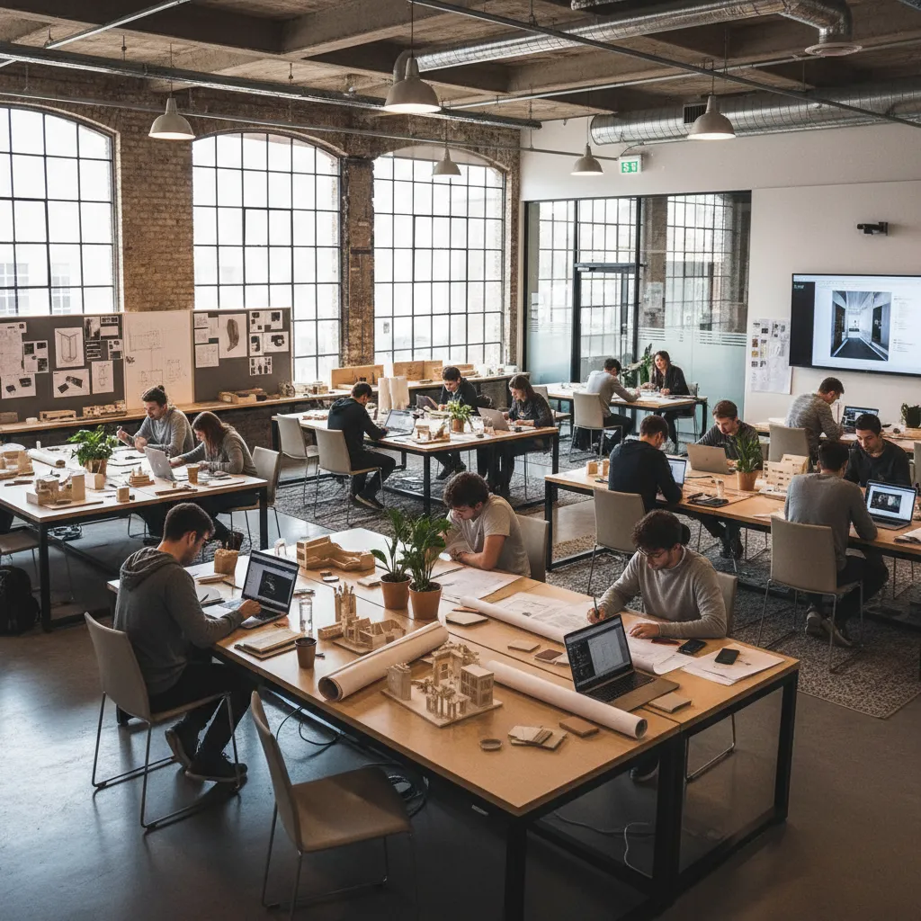 Interior design studio with people working at wooden tables using laptops and small scale models