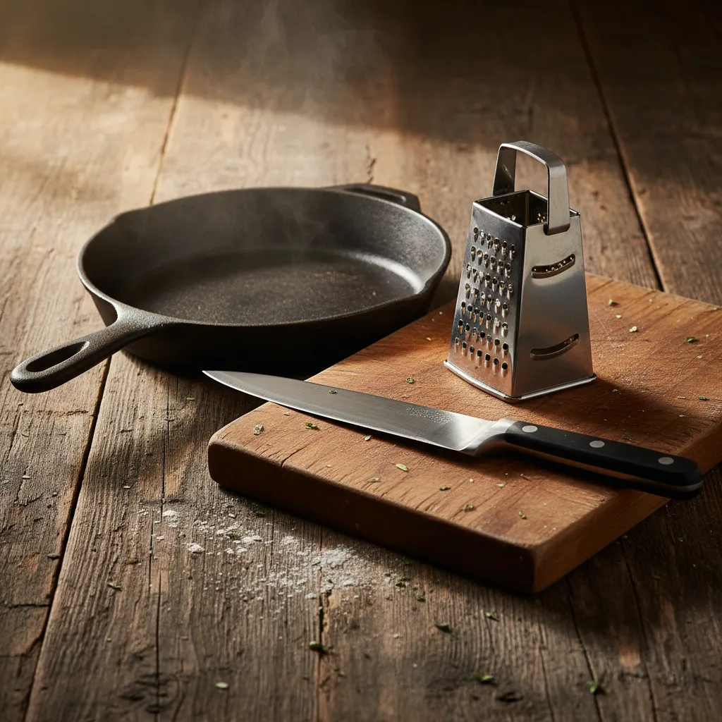 collection of recommended kitchen tools including skillet and knife