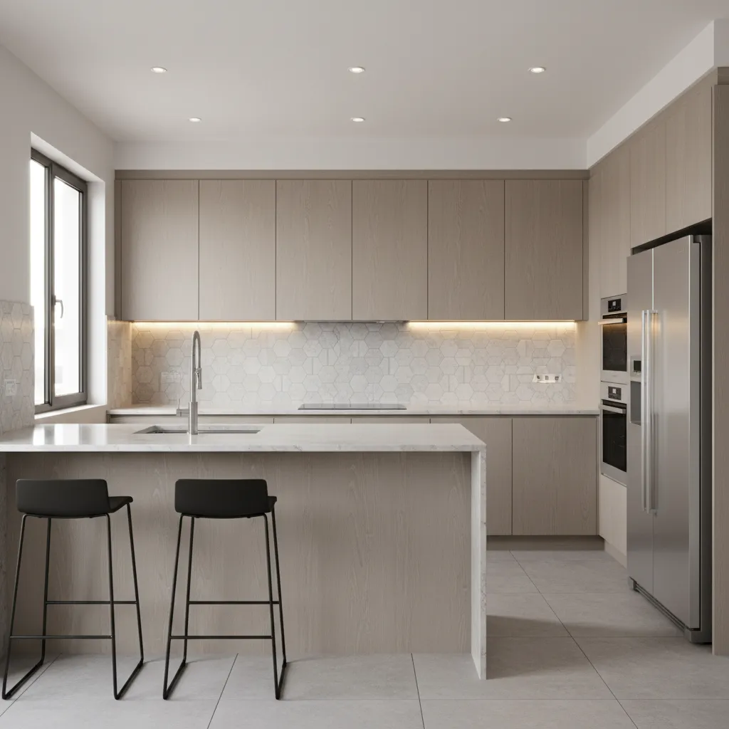 Modern kitchen featuring light wood cabinets hexagon wall tiles stainless steel fridge and black breakfast stools