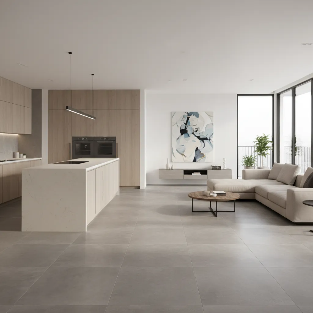 Modern open plan kitchen and living room with grey floor tiles island and beige sofa