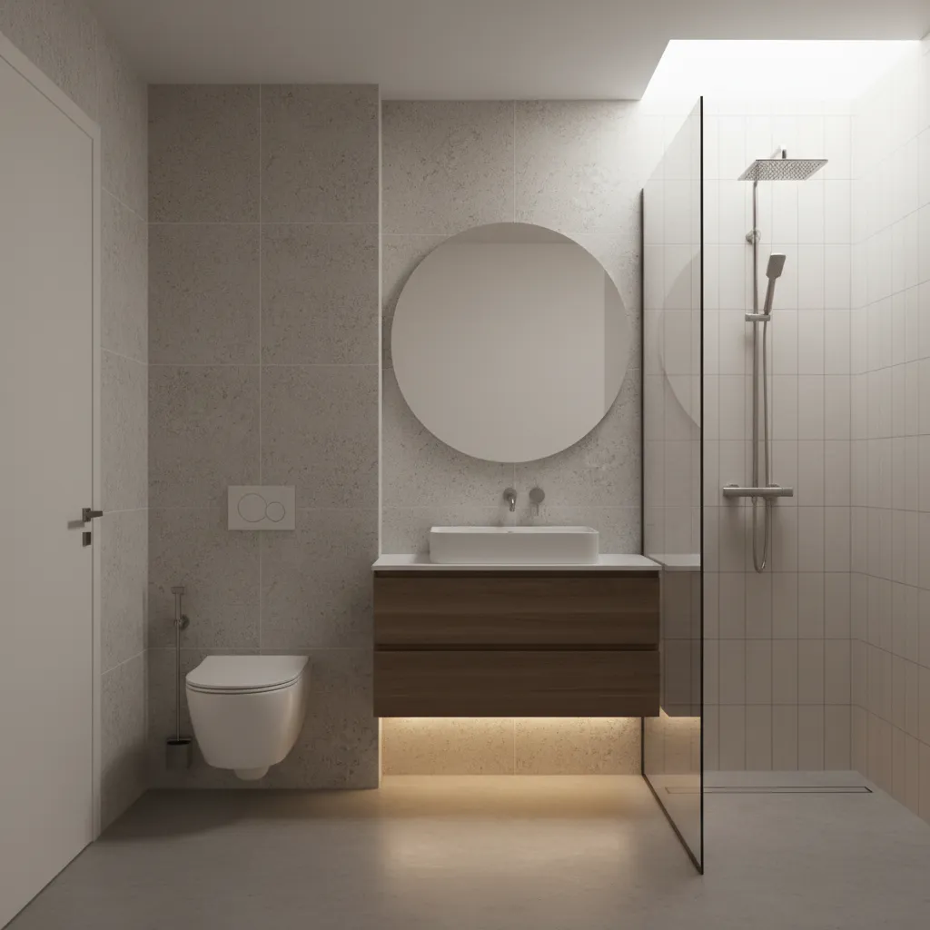 small bathroom layout with toilet placed away from the entry