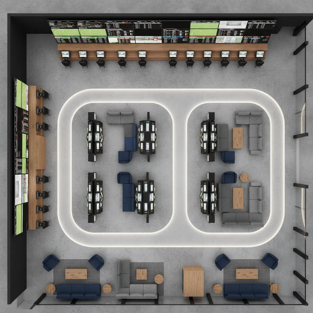 Plano interior mostrando flujo de circulación en una casa de apuestas