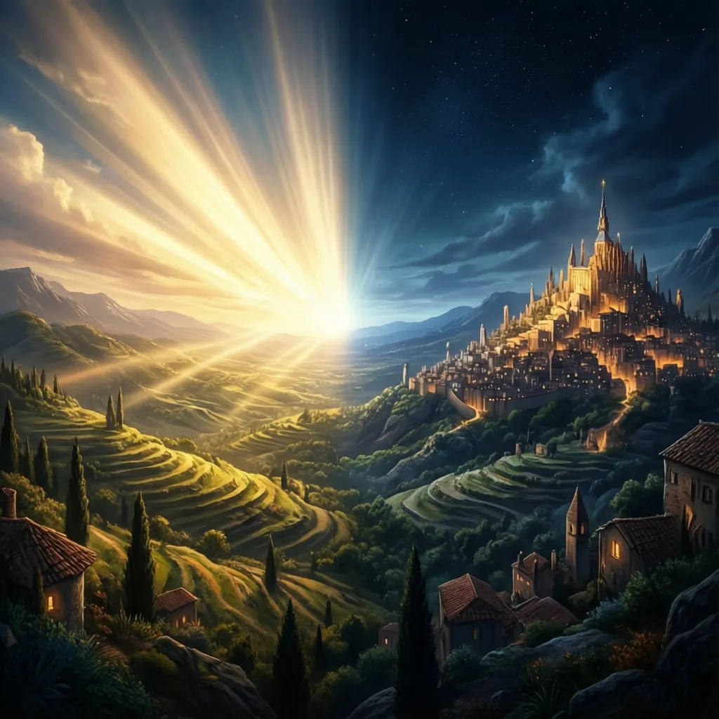 Conceptual comparison showing light shining across nations and a visible hilltop city