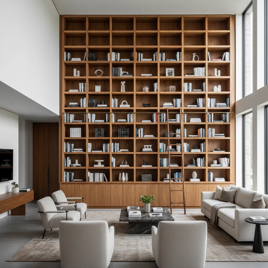 Biblioteca de pared completa en salón con techo alto