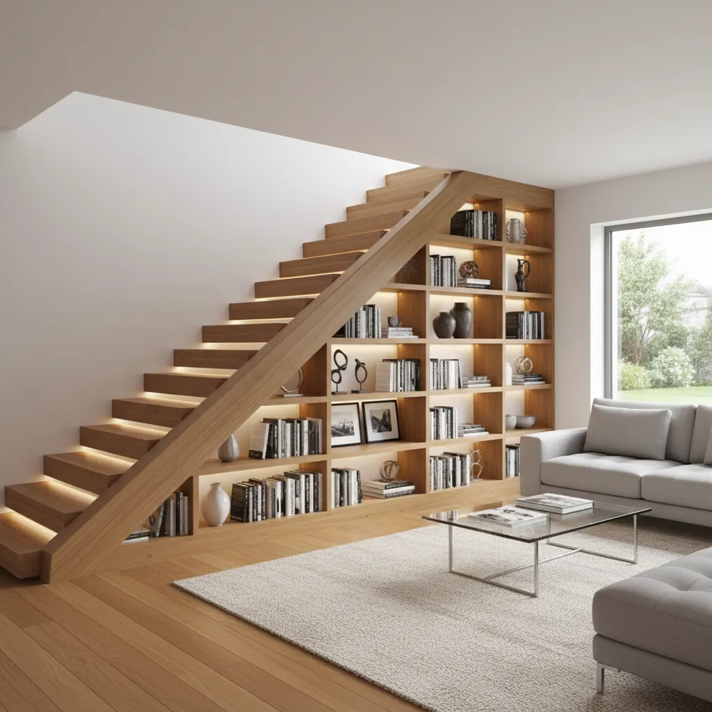 Living room with grey sofa and wooden staircase featuring built in bookshelves filled with books