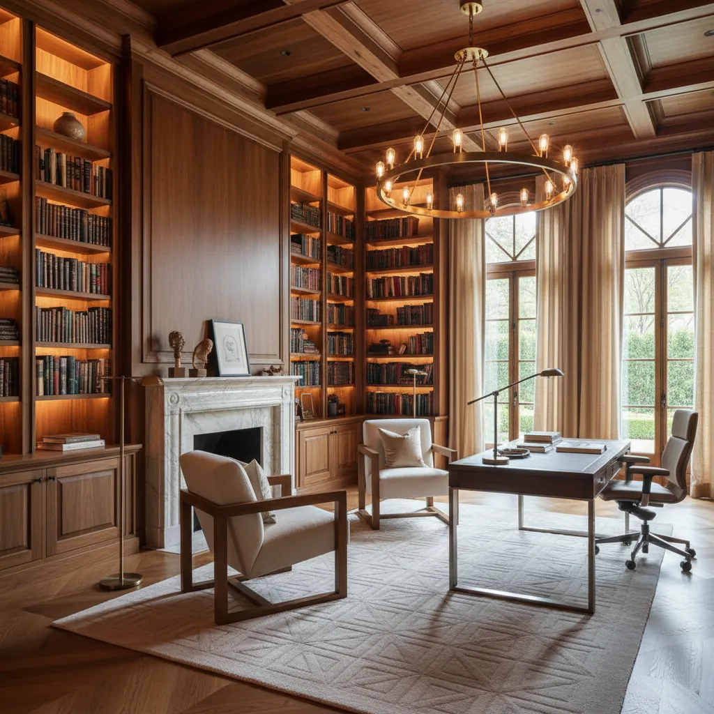 Classic home office with wood wall panels large ceiling light marble fireplace desk and chairs
