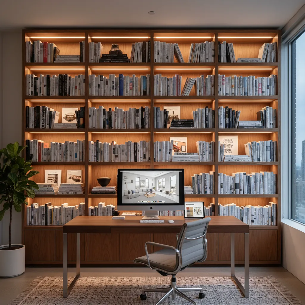 Estantería de estudio de diseño llena de libros de arquitectura e interiores