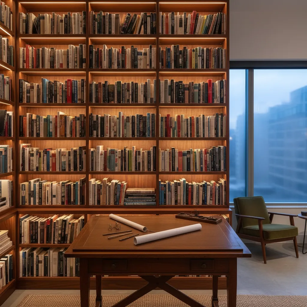 Estantería con libros clásicos sobre diseño de interiores y arquitectura