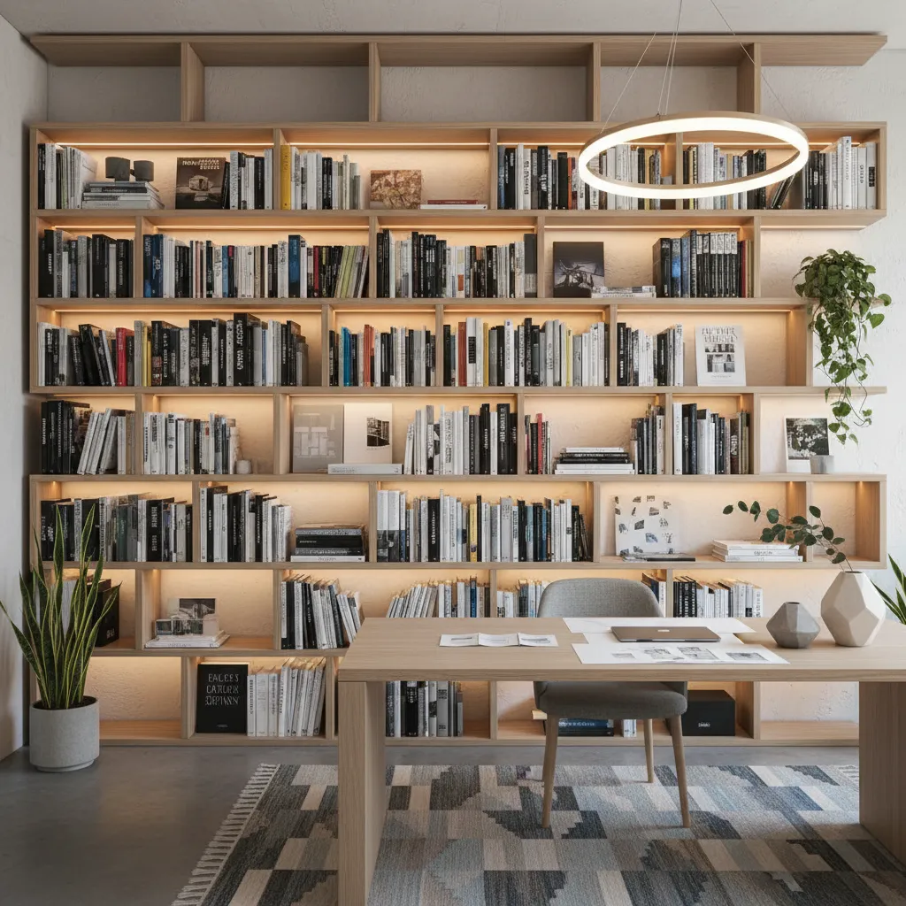 Estantería con libros de arquitectura y diseño de interiores en un estudio creativo