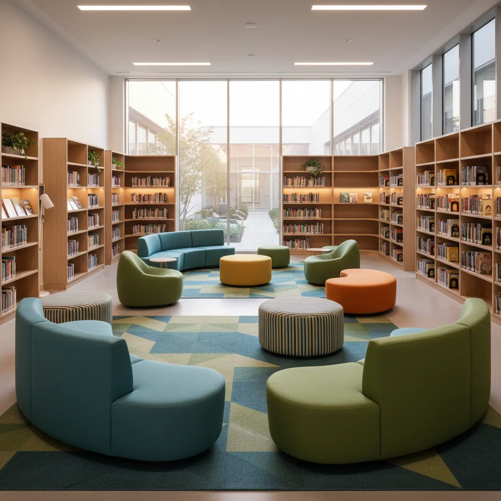 Biblioteca escolar moderna con zonas de lectura informales