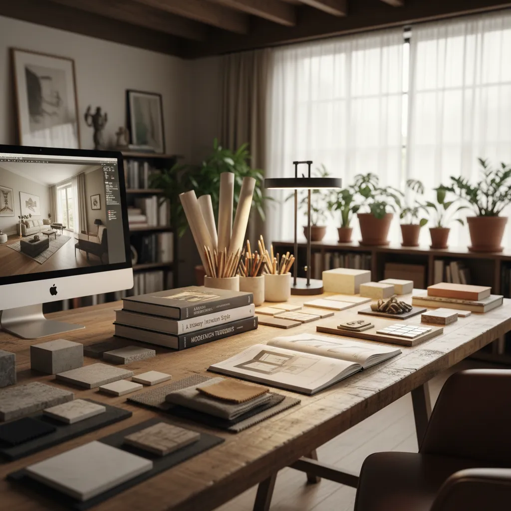 Mesa con libros de historia del diseño de interiores y bocetos de proyectos