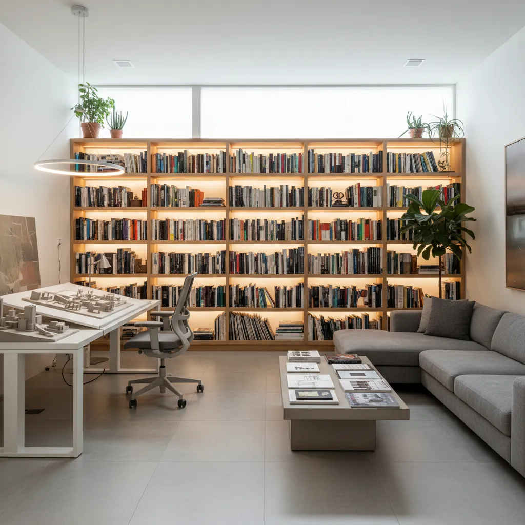 Estantería llena de libros de arquitectura y diseño de interiores