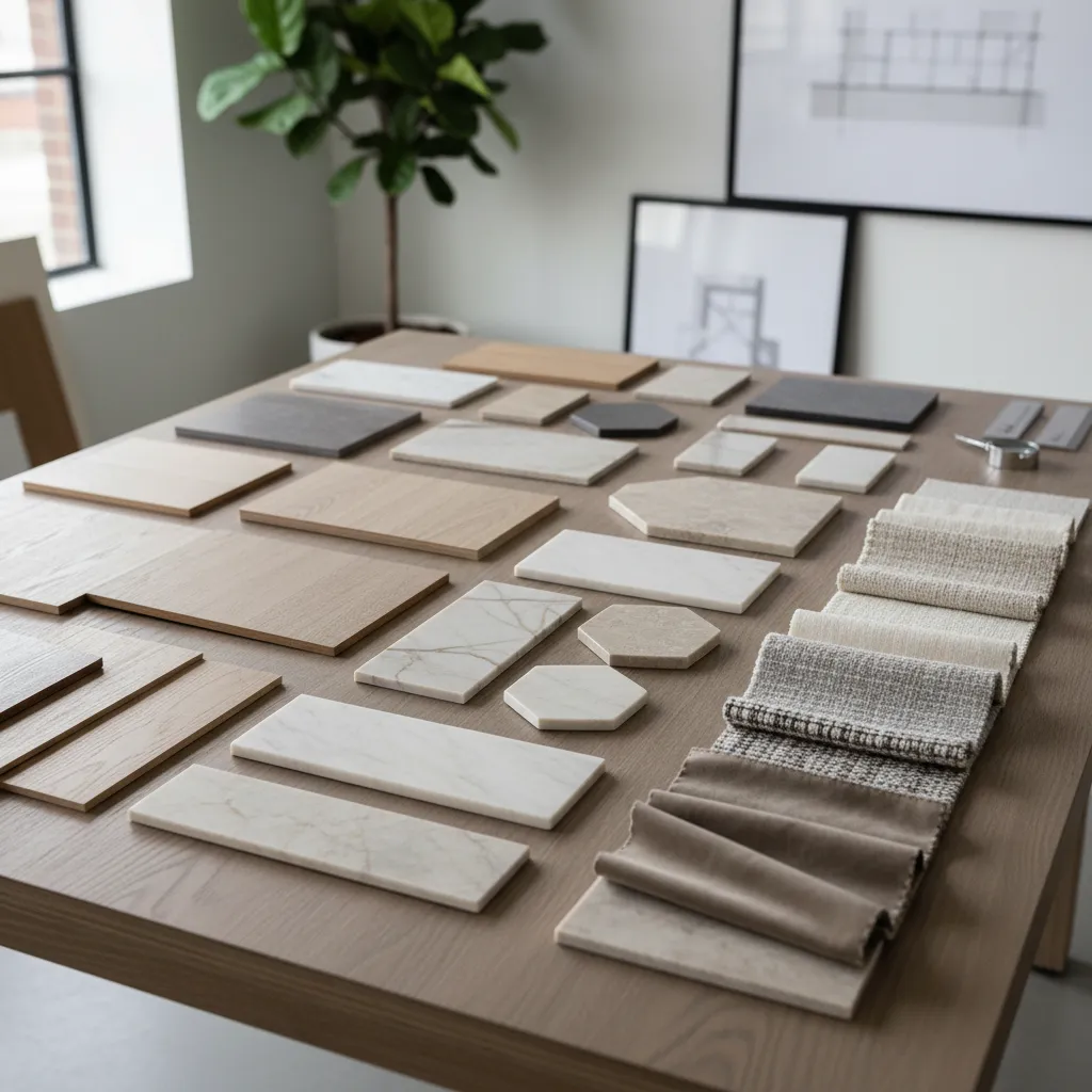 Material library collection featuring marble tiles wood samples and fabric swatches on a wooden table