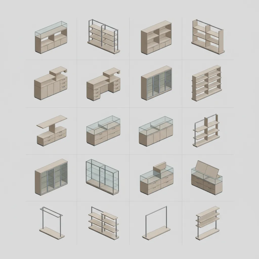 Colección digital de muebles comerciales como estanterías y vitrinas