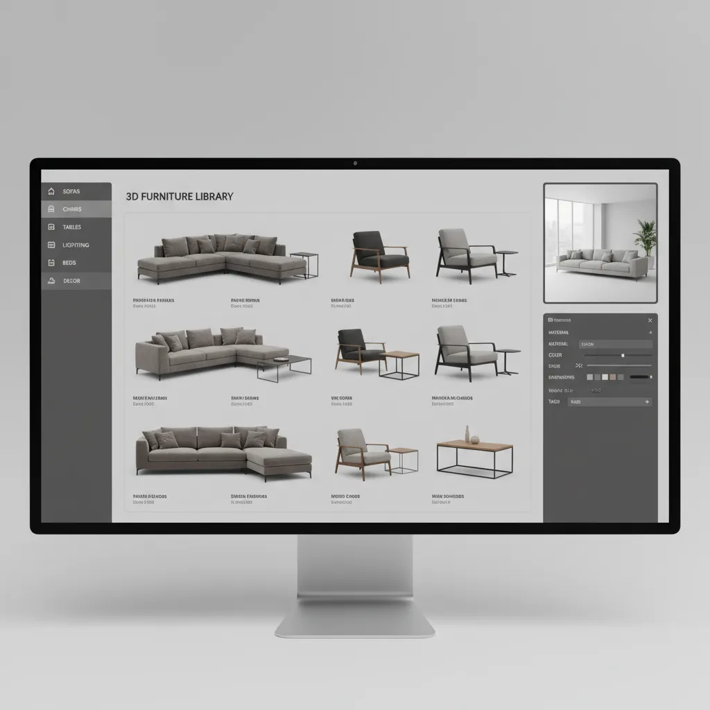 Computer monitor displaying a three dimensional furniture library with various modern sofas and stylish armchairs