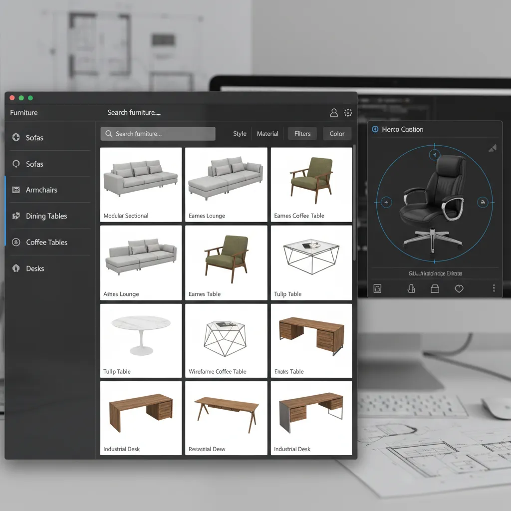 Online 3D furniture library interface showing various sofas coffee tables and desks for interior design
