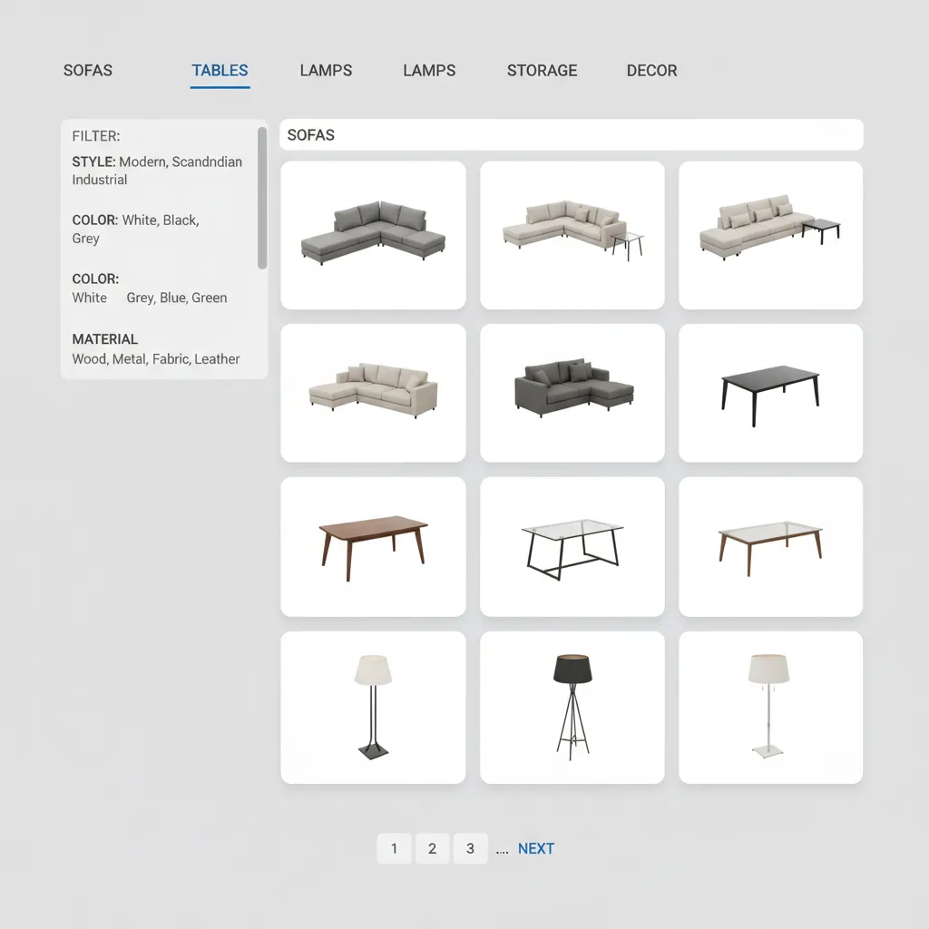 Biblioteca digital de muebles dentro de una aplicación de diseño de interiores