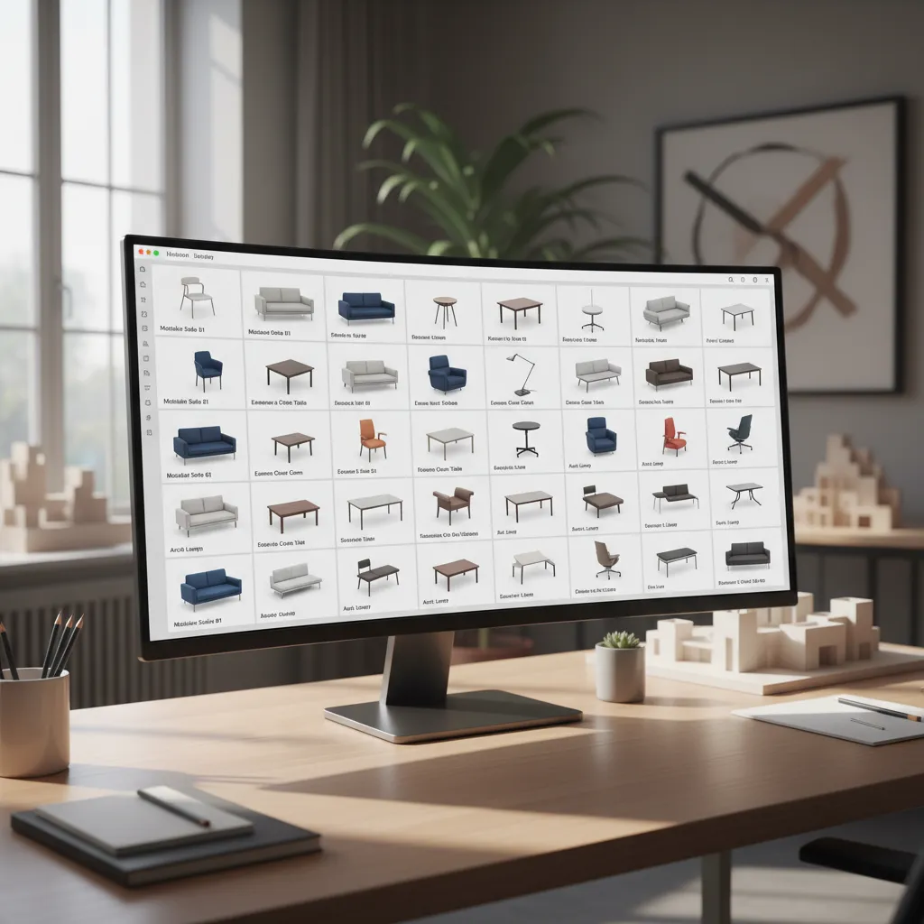 Computer monitor displaying furniture library with many sofa table and chair models on wooden desk