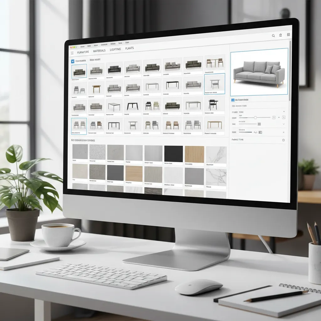 Coohom furniture library on computer screen showing various sofa and table options for interior design