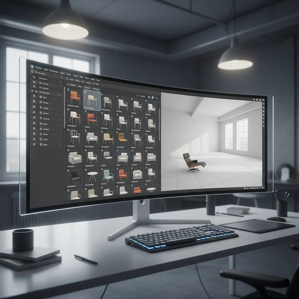 Biblioteca digital de muebles y objetos 3D dentro de un software de interiorismo