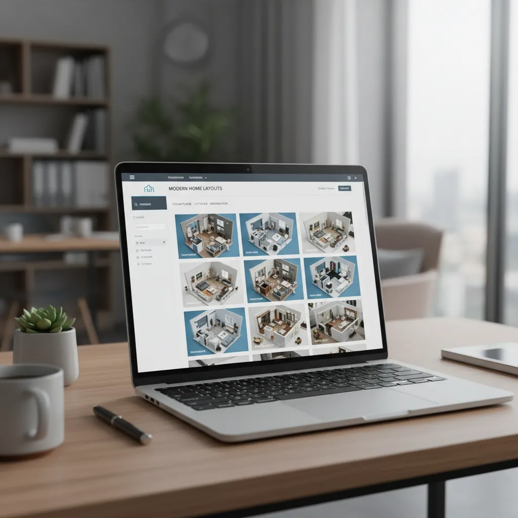 Pantalla mostrando varios planos de casas en 3D para elegir