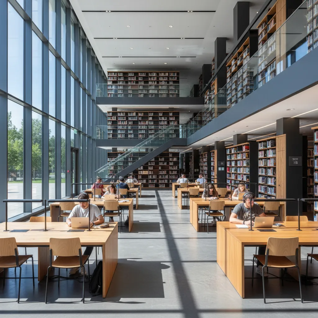 Biblioteca universitaria moderna con iluminación natural y mesas largas