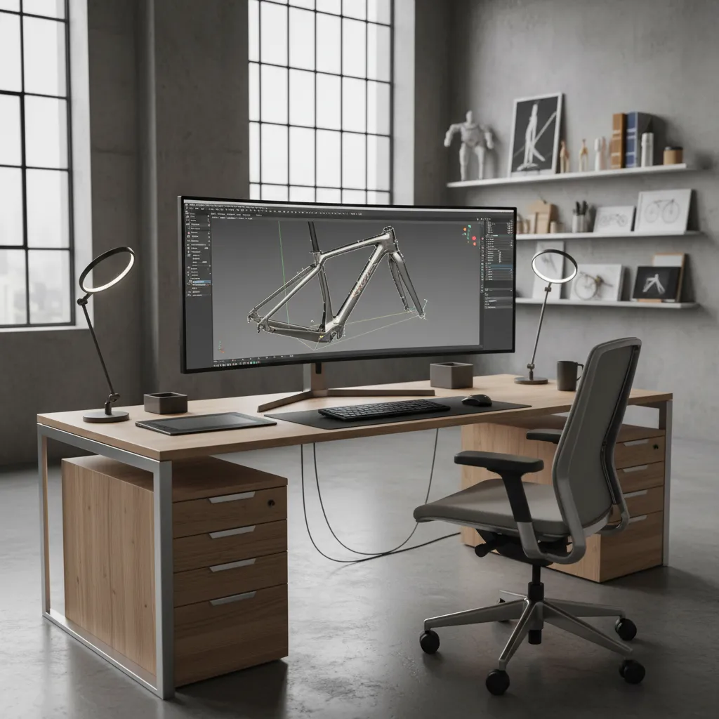 designer working on detailed bicycle 3D model in CAD software