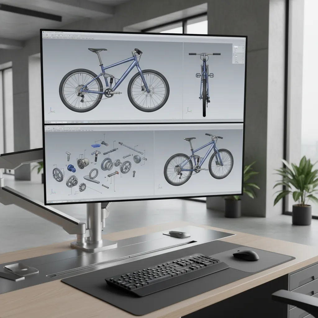 technical multi view display of bicycle 3D CAD model