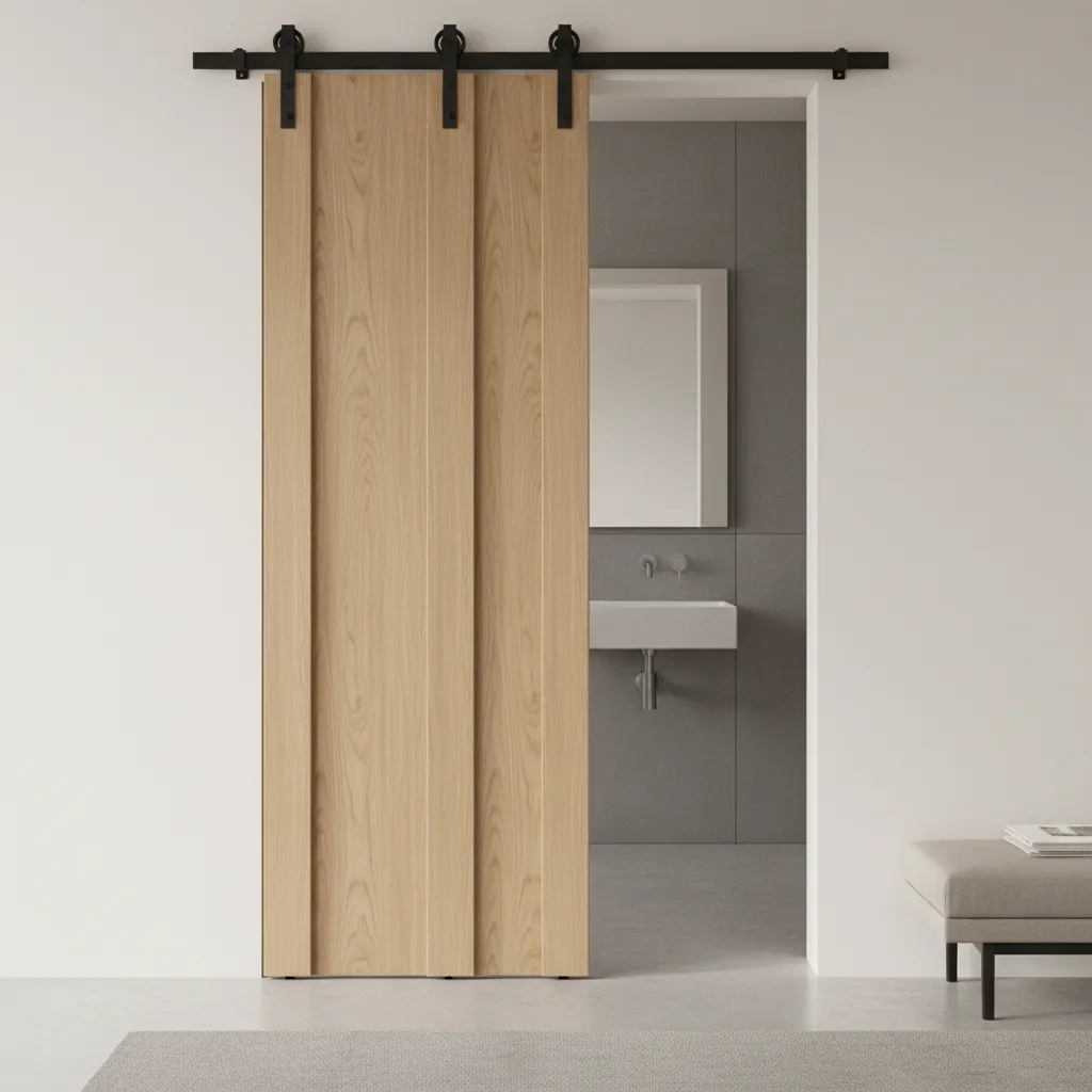 Diagram style view showing bifold barn door panels folding on track