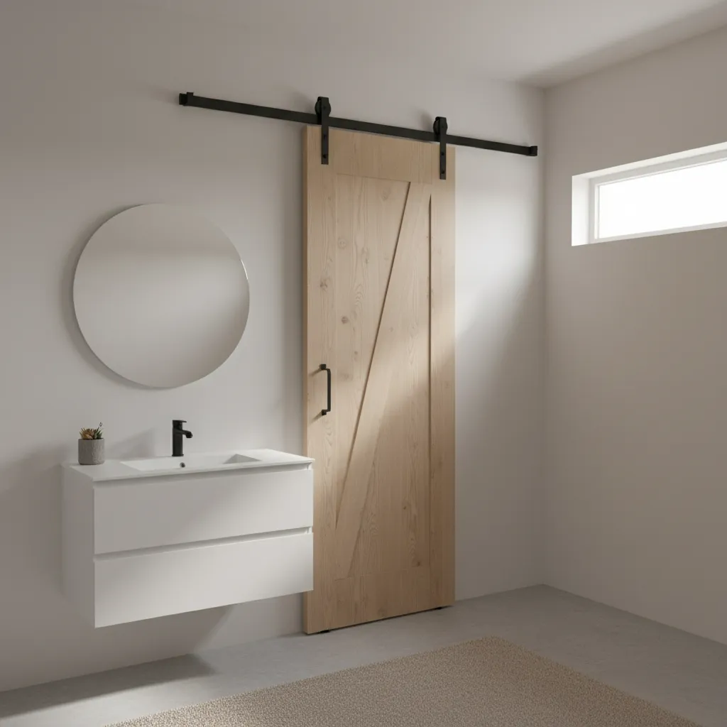 bifold barn door folded open in a compact modern bathroom