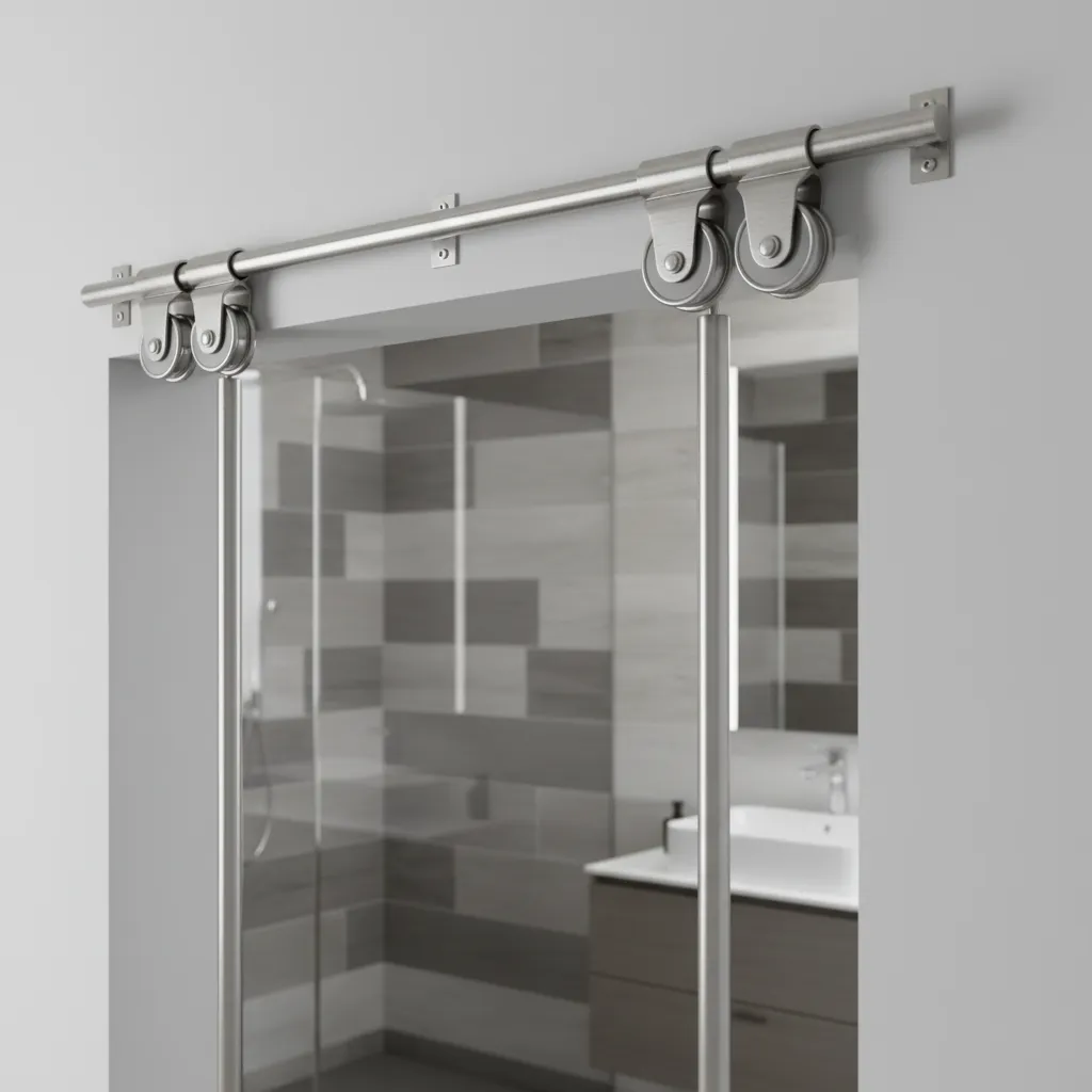 close up of stainless steel bifold barn door hardware for bathrooms