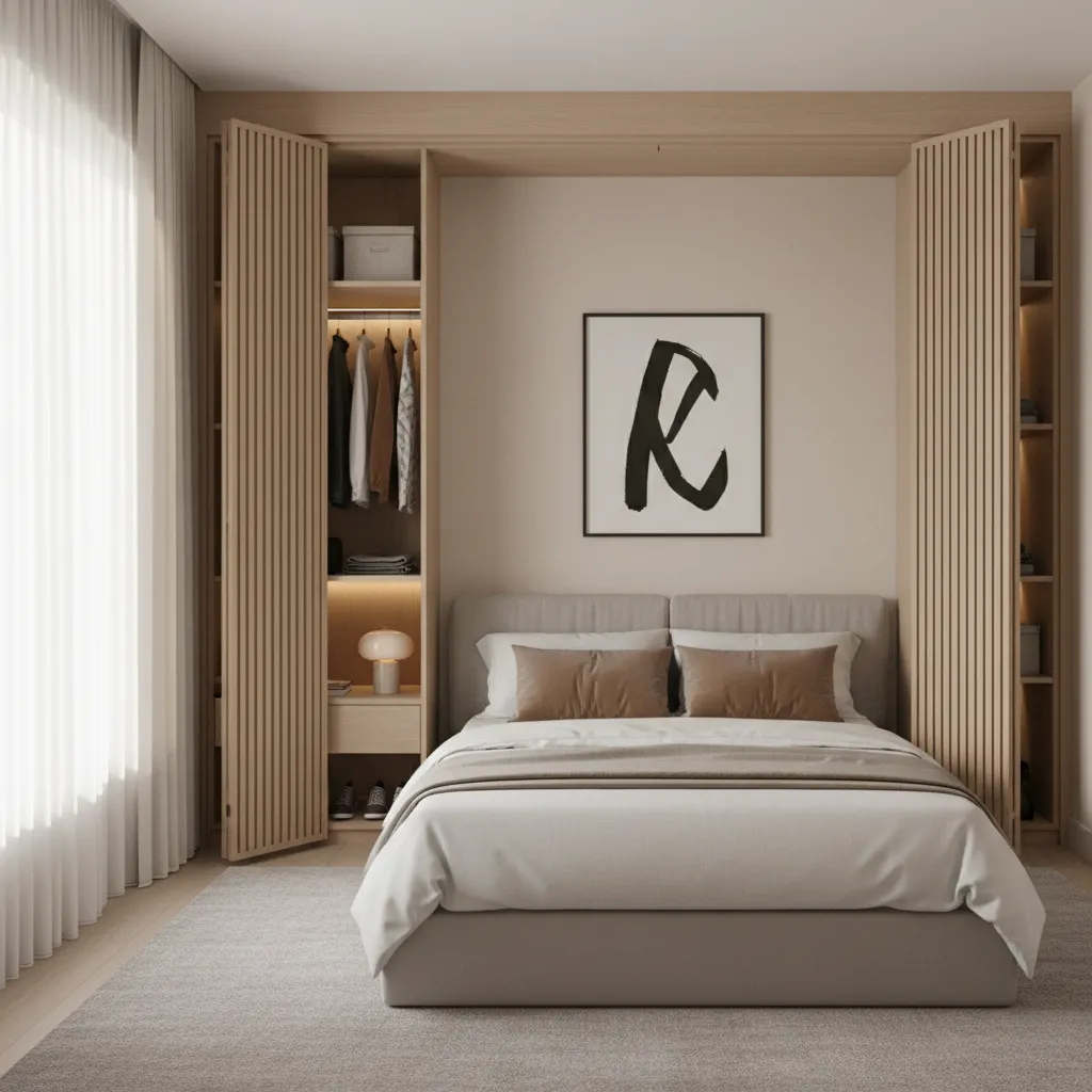 bi fold door shutters used for a small bedroom closet