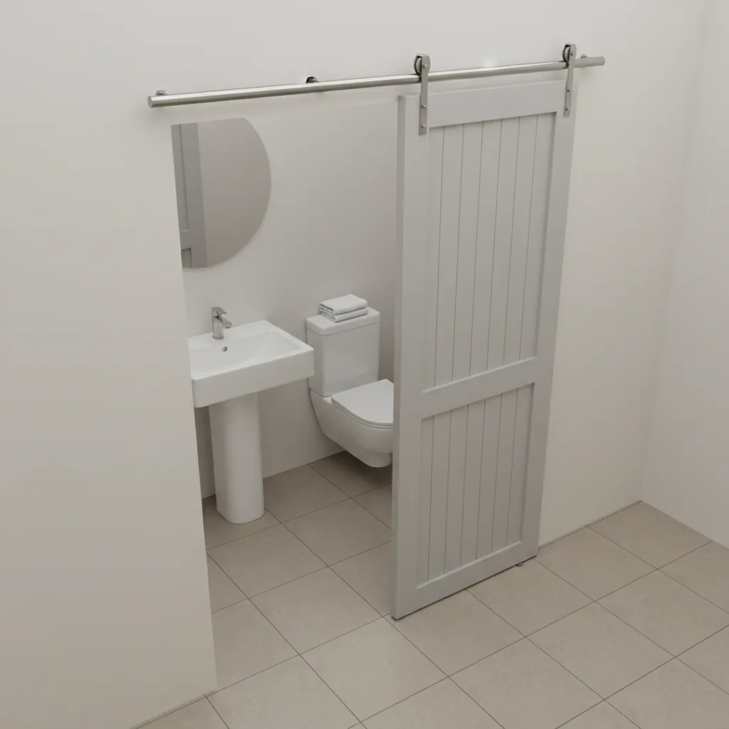 bifold barn door track placement in small bathroom layout