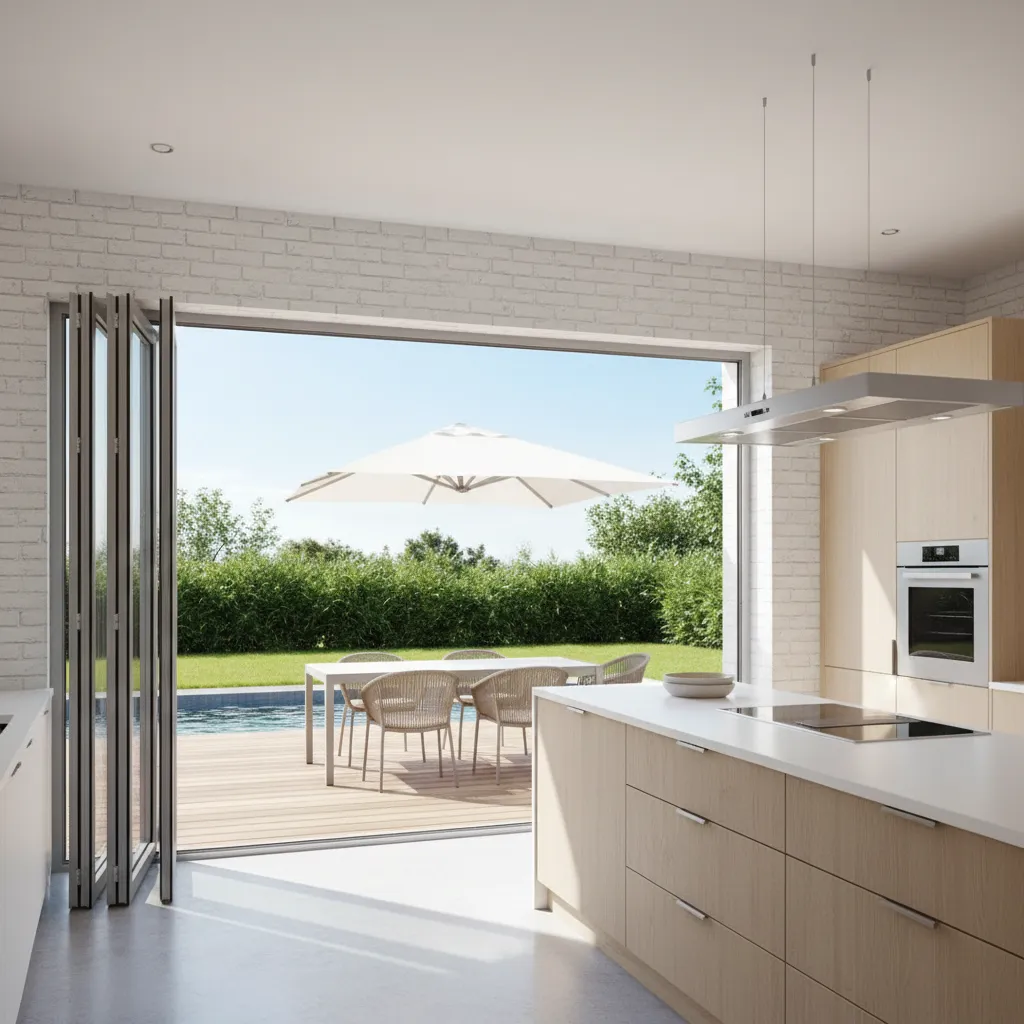 Bi fold pass through kitchen window fully open connecting kitchen to outdoor dining area