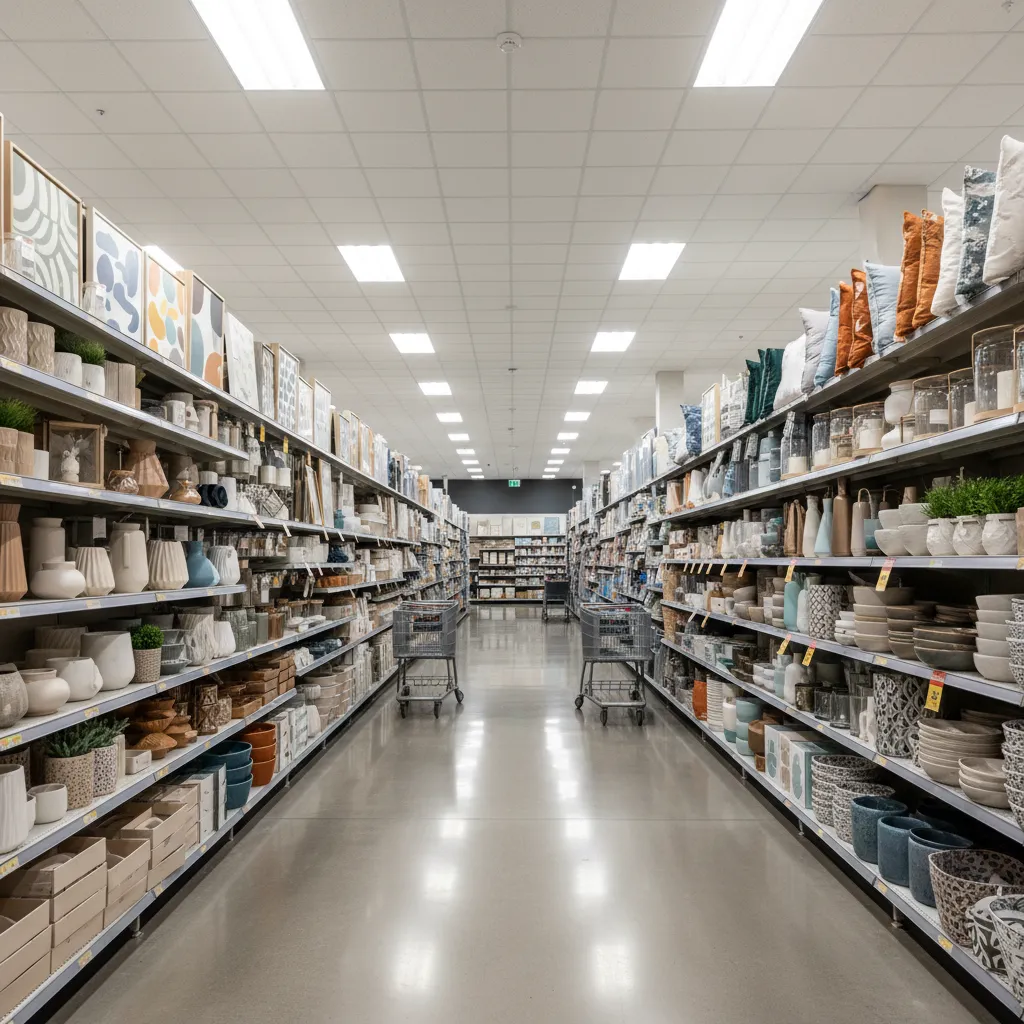 Large home decor retail store aisle with shelves of mass produced decor