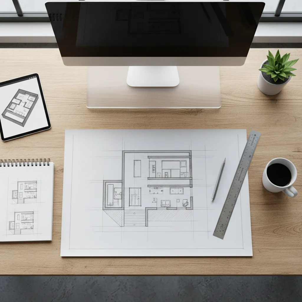 Wooden desk with computer tablet and paper interior design drawing showing a simple house plan