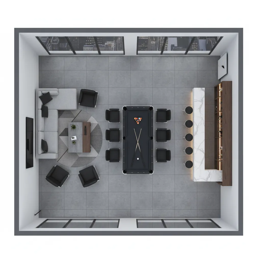 Plano 3D de distribución de una sala de billar