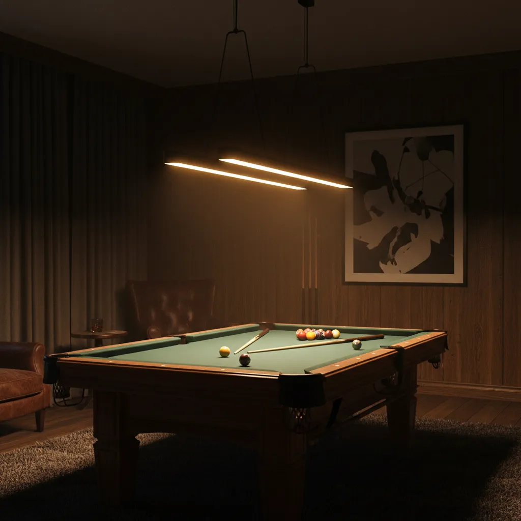Iluminación colgante centrada sobre una mesa de billar