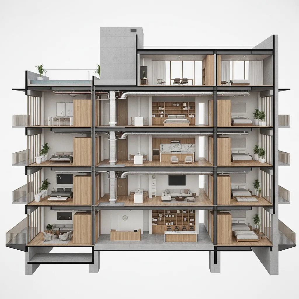 BIM 3D building model with structural layers and systems visible