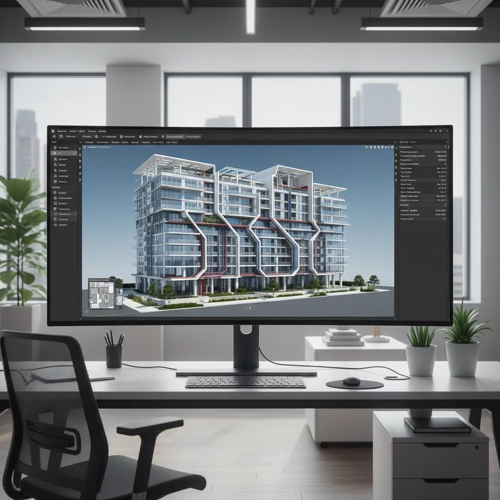 3D BIM model of a building displayed on a professional architectural workstation