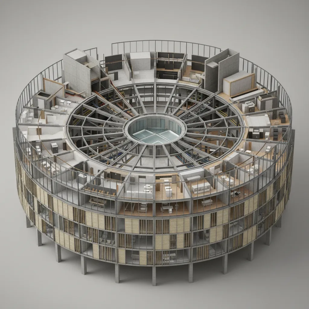 3D BIM model of a circular building structure with layered architectural components