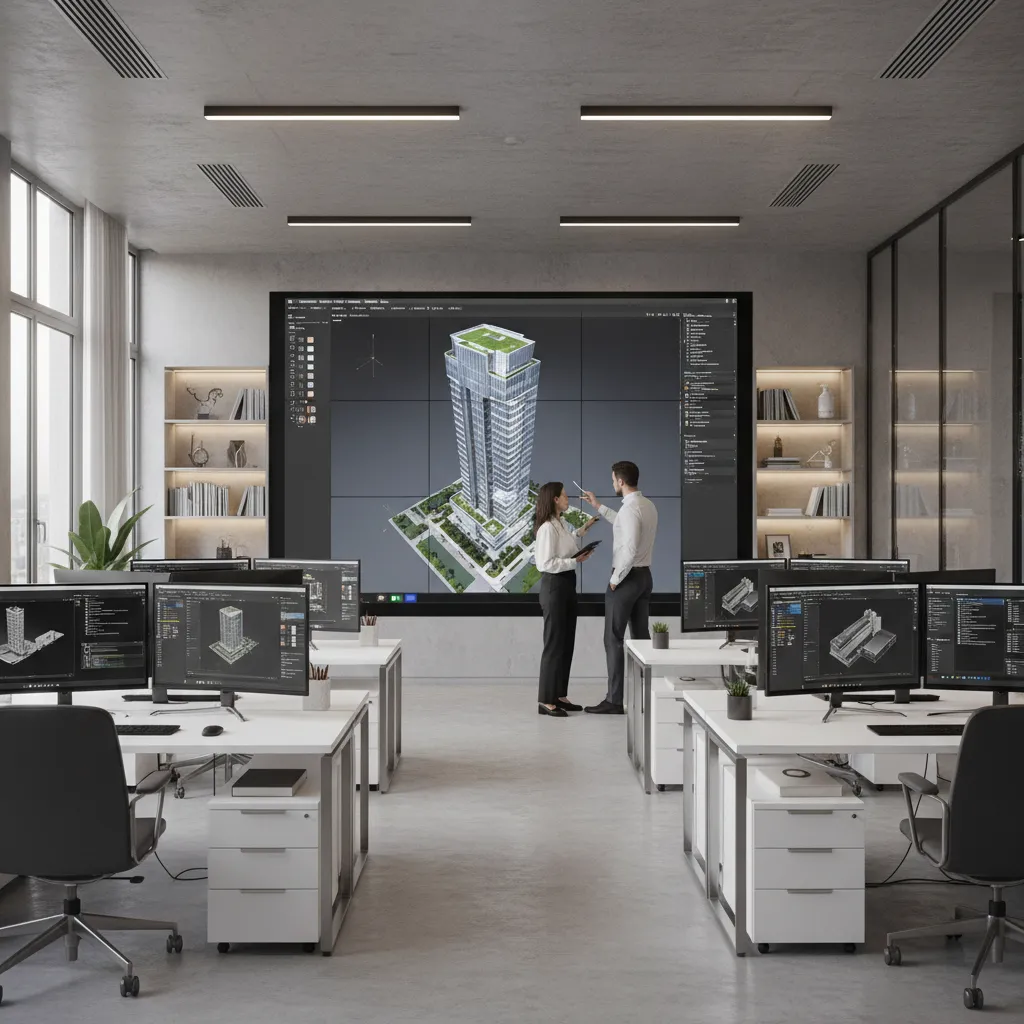 Architects reviewing BIM building model on large digital screen