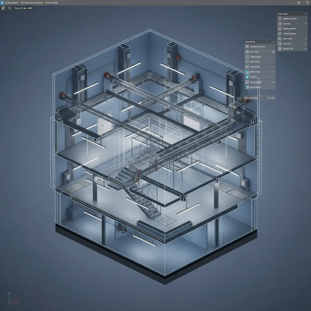 3D BIM building model displaying electrical systems and wiring inside a digital structure